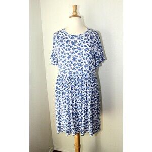 WEDNESDAY's GIRL Casual Knit Dress SS White / Blue Floral Roses Plus Sz. 22 #08
